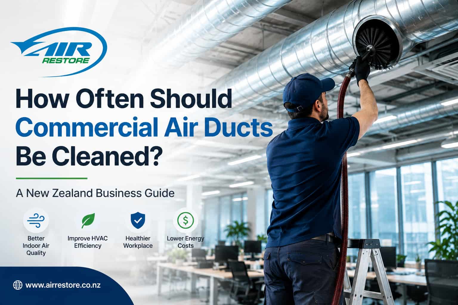 Commercial air duct cleaning technician servicing HVAC ducts in a New Zealand office building