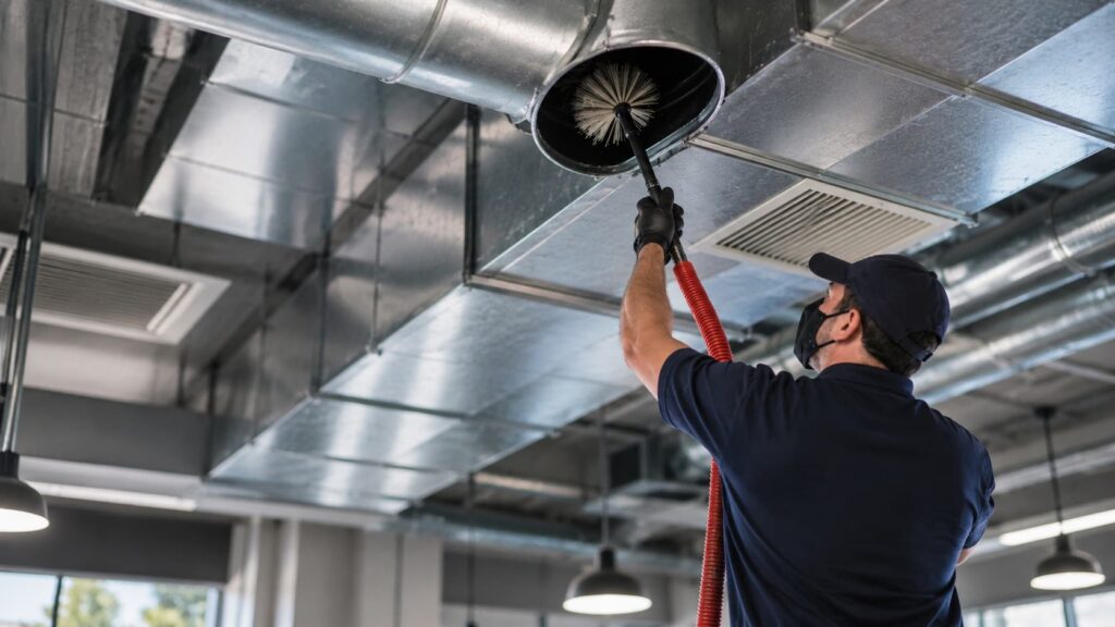 Technician performing commercial air duct cleaning inside an HVAC ventilation system in New Zealand